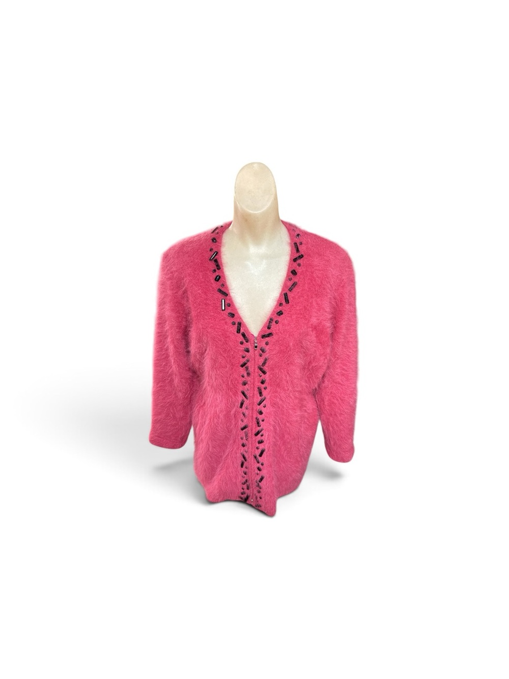 Vintage Venesha 80% Angora Hot Pink Black Beaded Zip Sweater Jacket L